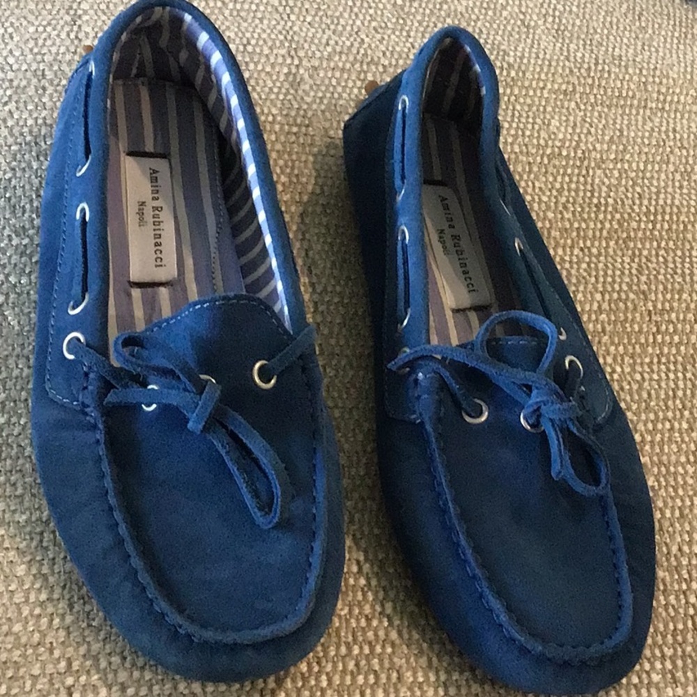 Amina Rubinacci blue suede loafers, size 38 (US 7.5)